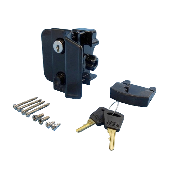 Lock mechanism with keys and screws on a white background