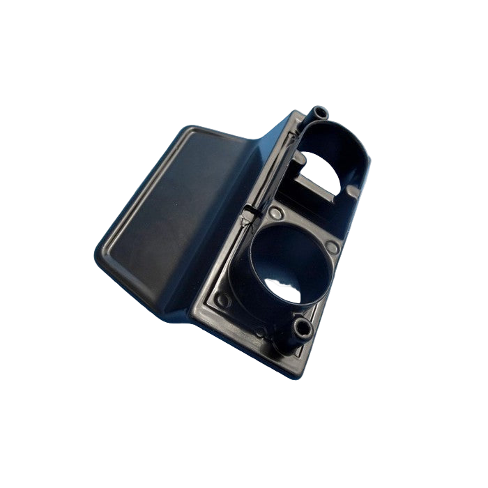 Black plastic component on a blue background