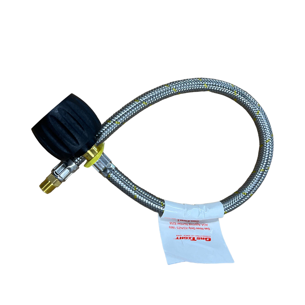 Rv propane tank adapter with braided hose on a white background