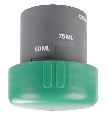 Green and gray measuring container with volume markings on a white background