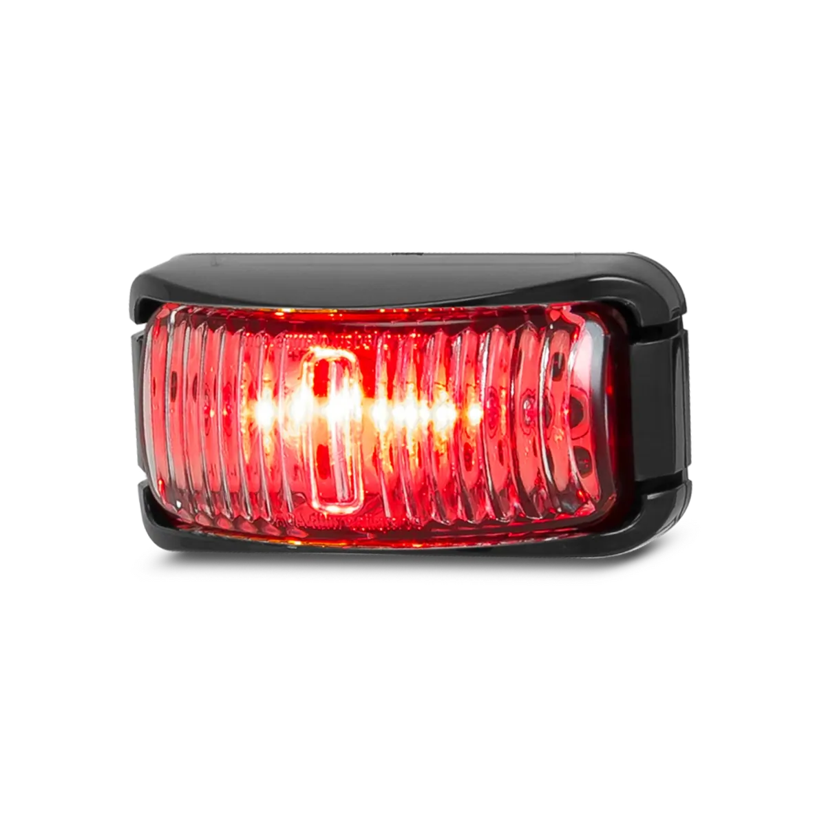 Red LED light with black casing on a white background