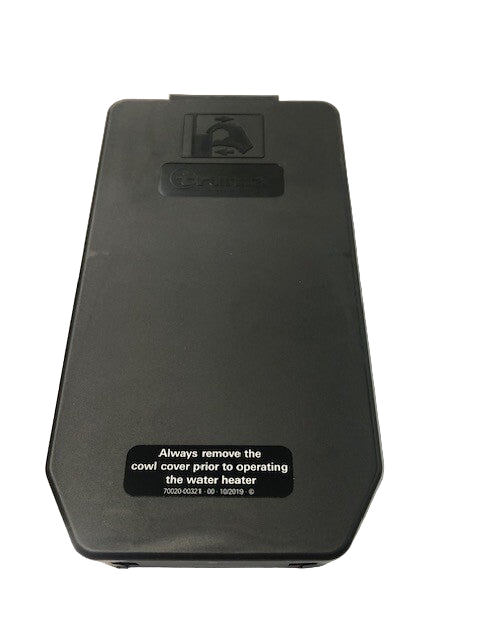 Black water heater cowl with safety label on a white background