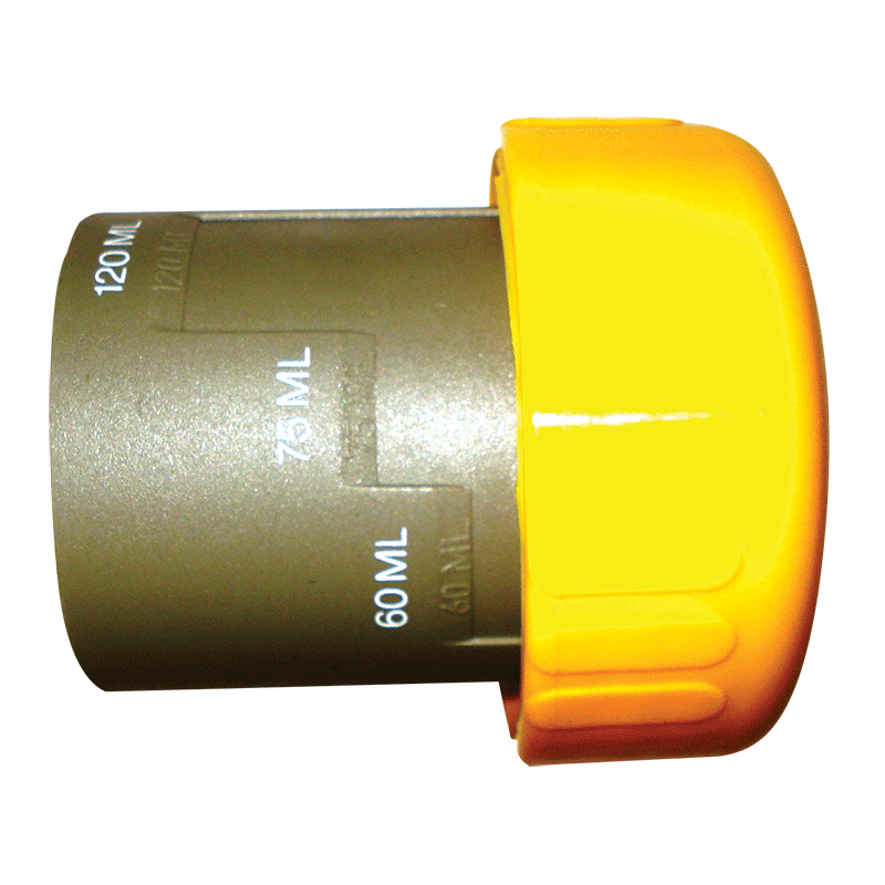 Cylindrical container with a yellow cap and measurement markings on a white background