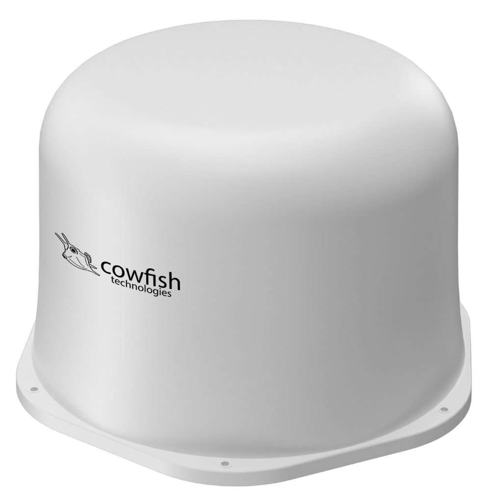 White satellite dish with Cowfish Technologies logo on a white background