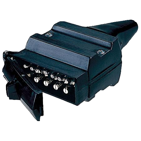 Black electrical connector with multiple pins on a white background