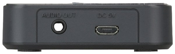 Back view of a small electronic device with audio out and DC power ports.