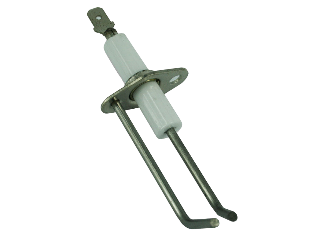 Mechanical component with a white cylindrical part and metal arms on a white background