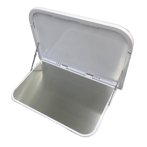 Metallic gray rectangular object with hinged lid on a white background