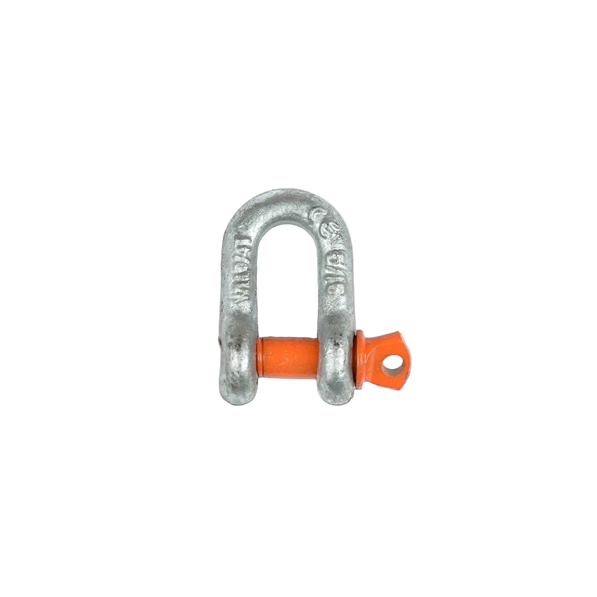 Metal shackle with an orange strap on a white background