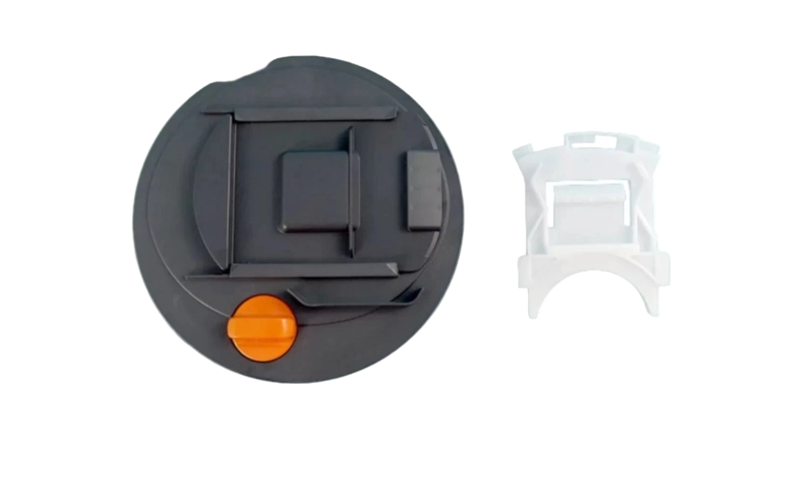 Caravan water tank cap with orange button on a white background