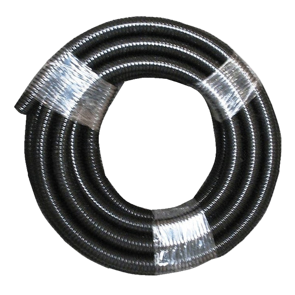 Coiled black and silver flexible hose on a white background