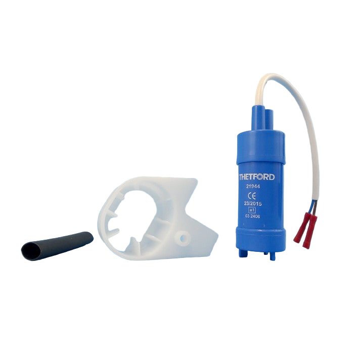 Blue pump with white and black components on a blue background