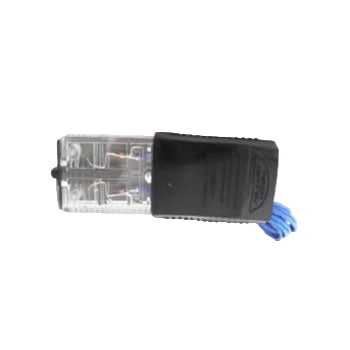 Small electronic component with clear and black parts on a white background