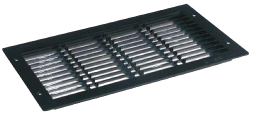Rectangular black metal vent on a white background