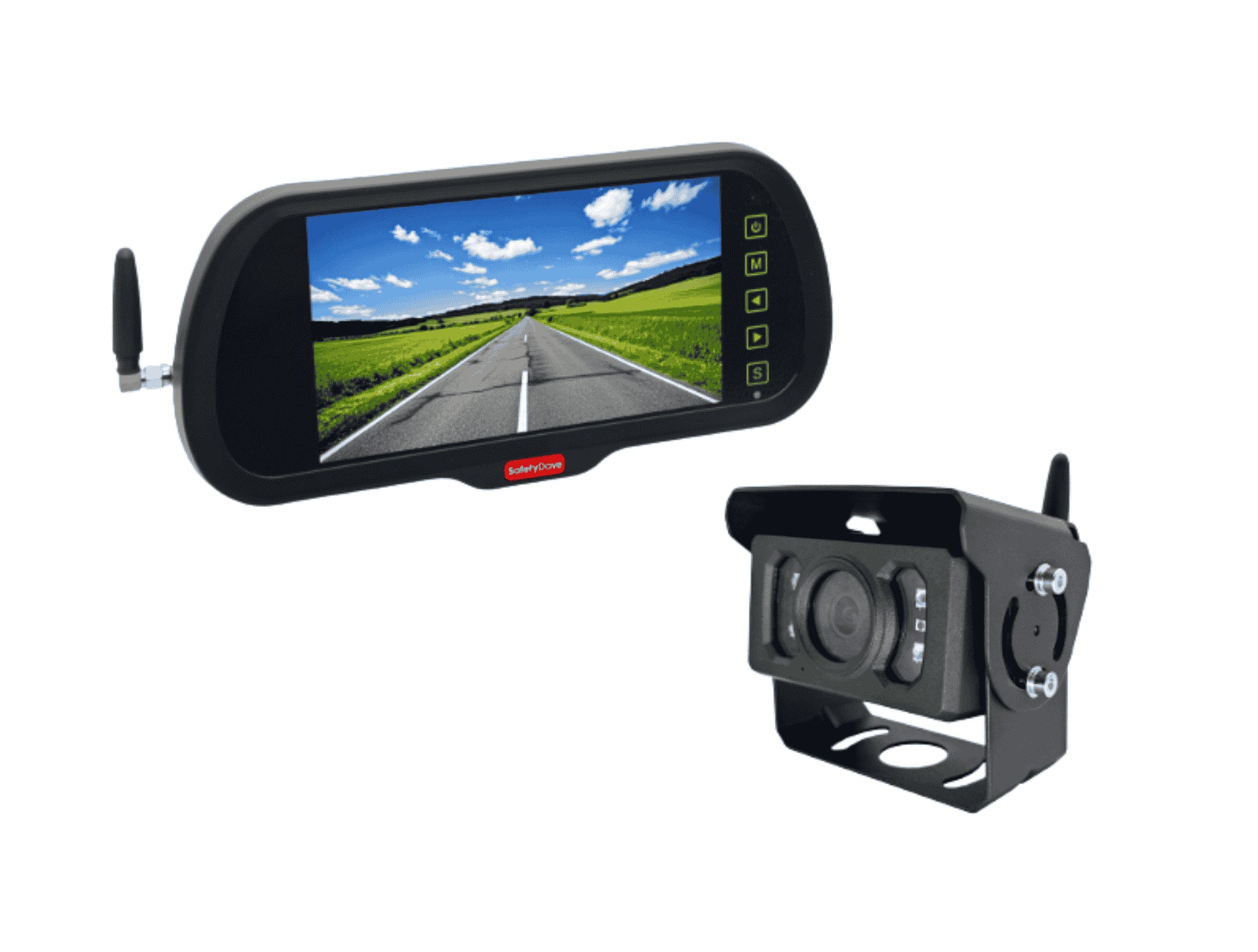 Wireless Rear Vision Mirror Kit - 7" Mirror Monitor + Square Black Wireless HD Camera