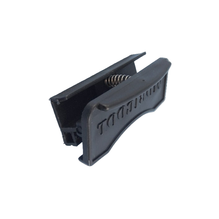 Black metal clip with spring on a white background
