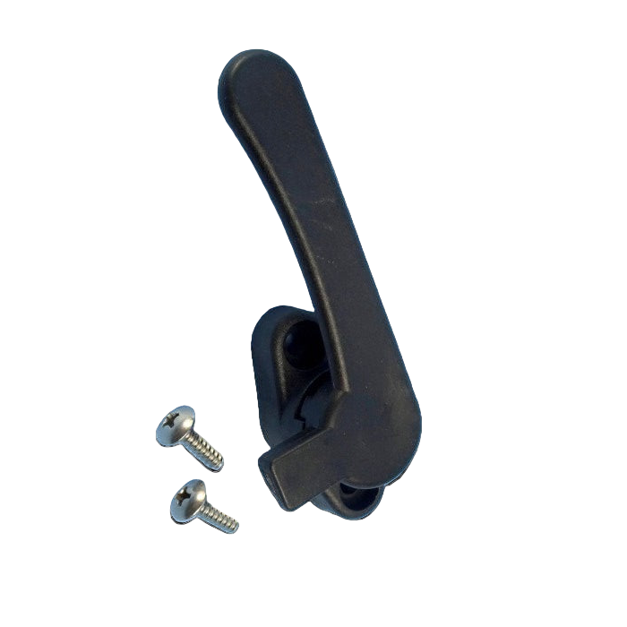 Black window handle with two screws on a white background