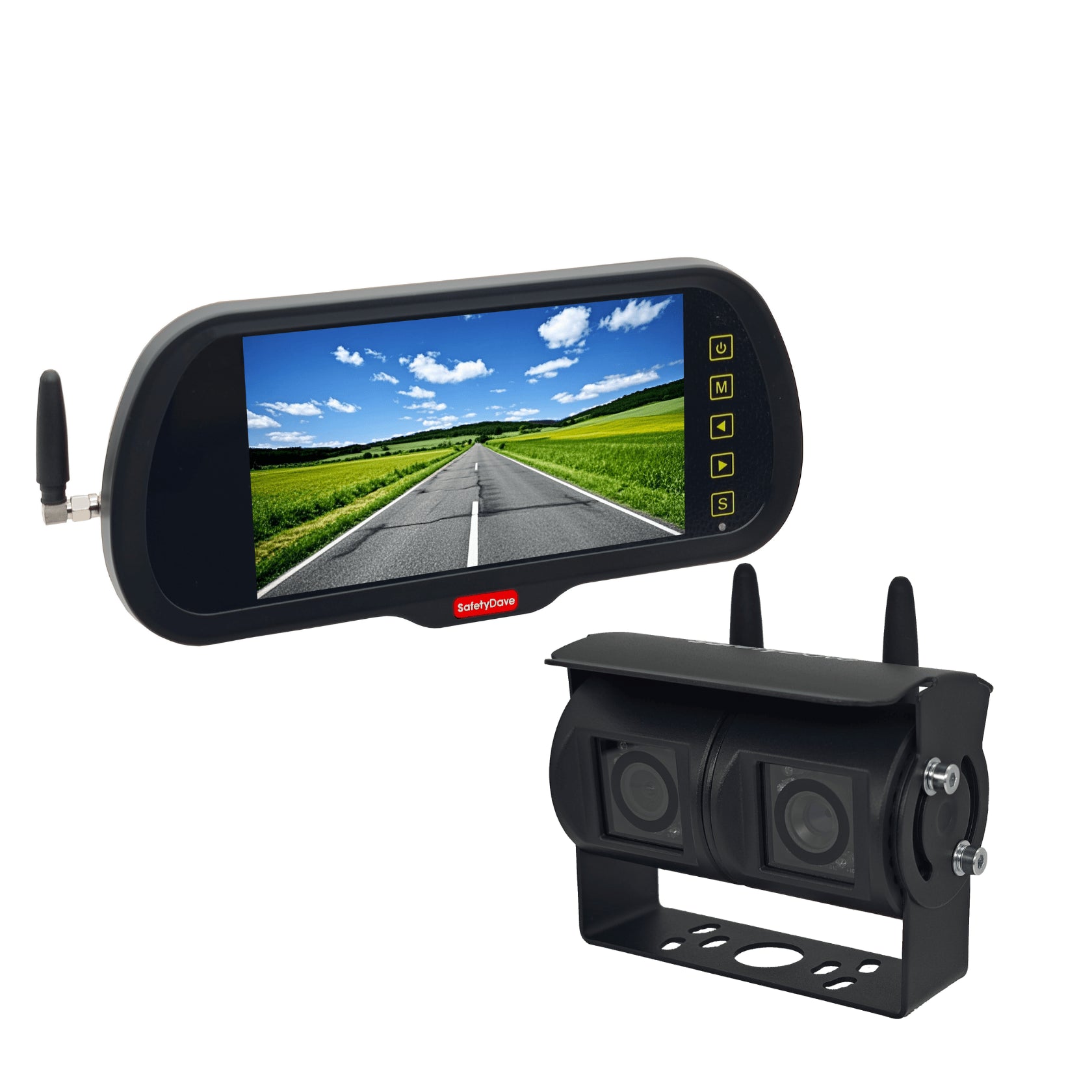 Wireless Rear Vision Mirror Kit - 7" Mirror Monitor + 120/45 degree Dual Black HD Camera