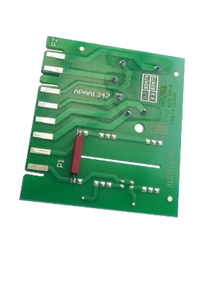 Green printed circuit board with components on a white background