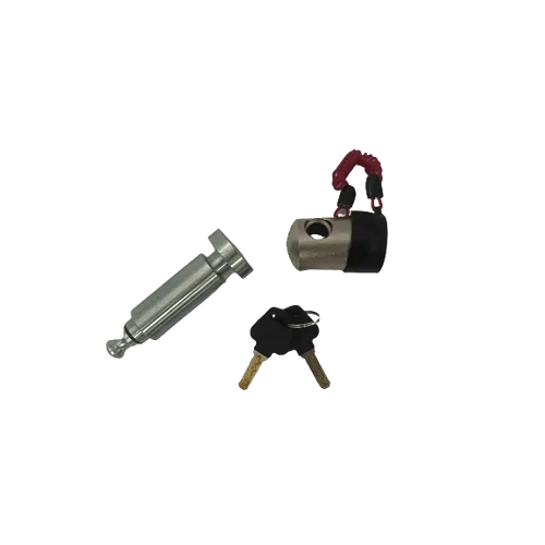 Lock components including a cylindrical lock body, key, and additional lock part on a white background