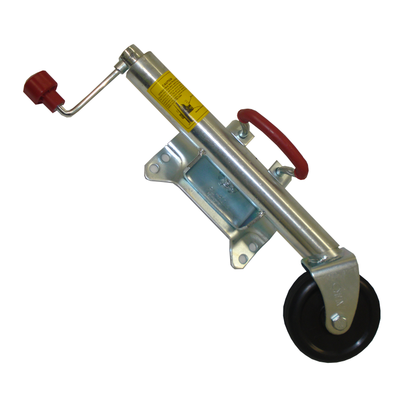 Metallic winch with a wheel and red handle on a white background