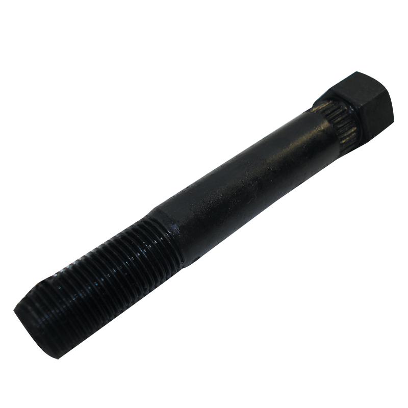 Black threaded cylindrical metal component on a white background