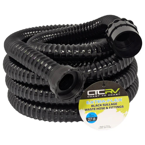 Coast RV Extra-Flex Black Sullage Waste Hose with 40mm Fittings - 5m BLK Roll - 27mm I.D.