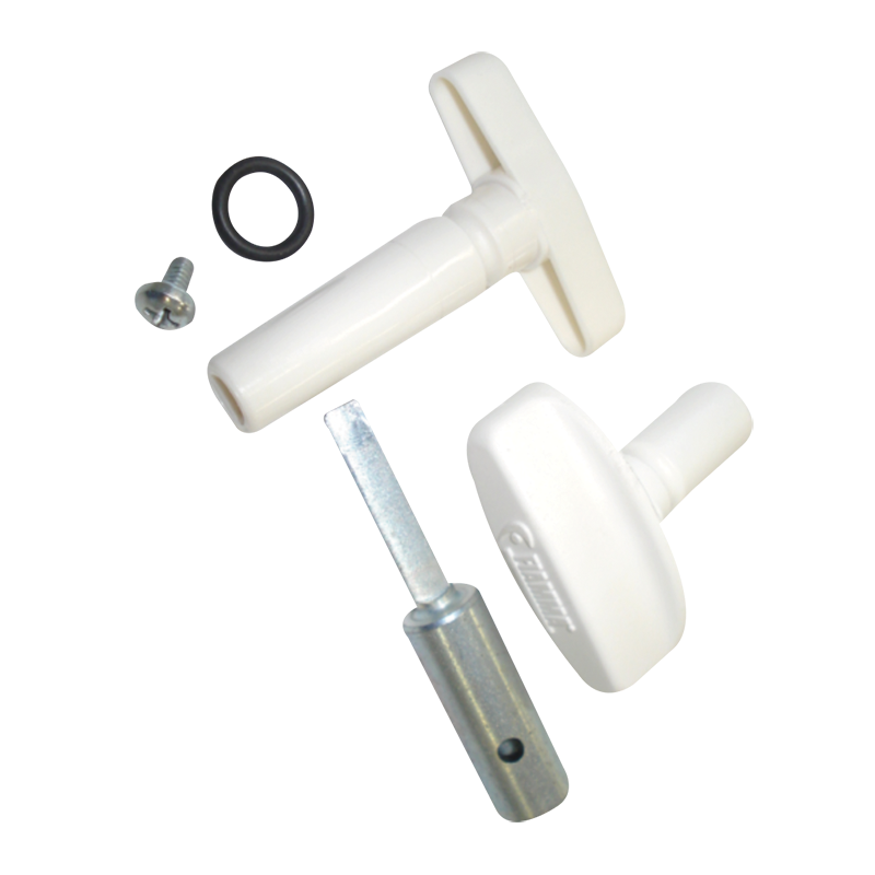 Set of white plastic components with a tool on a white background