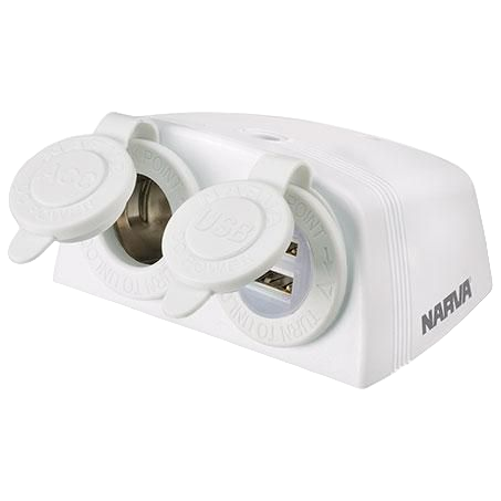 White electrical adapter with USB port on a white background, featuring the Narva brand.