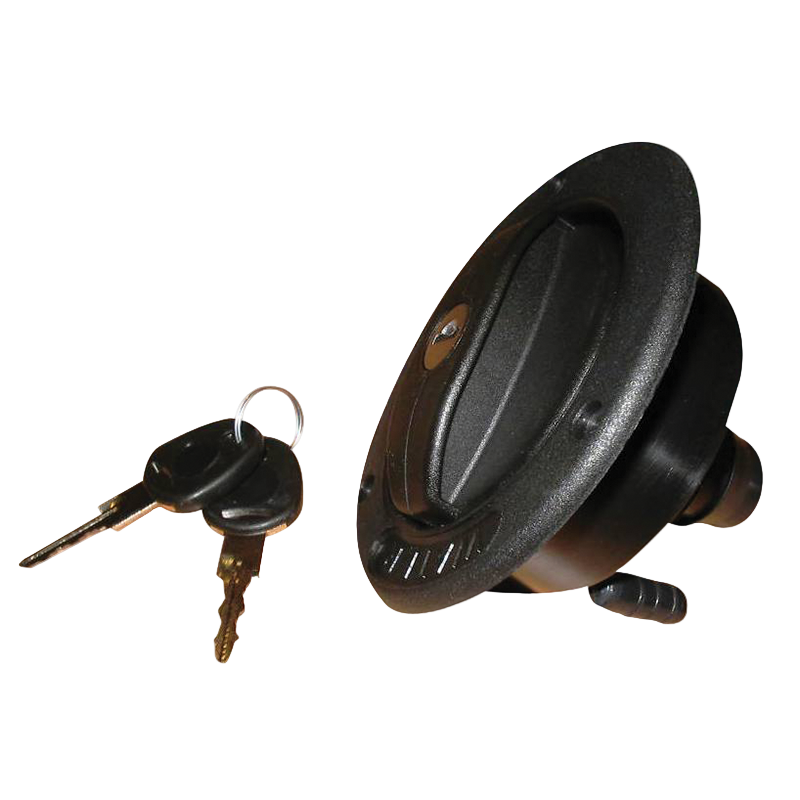 Black door lock mechanism with keys on a white background