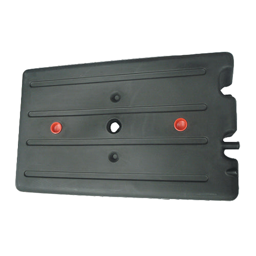 Black plastic plate with red and white markings on a white background