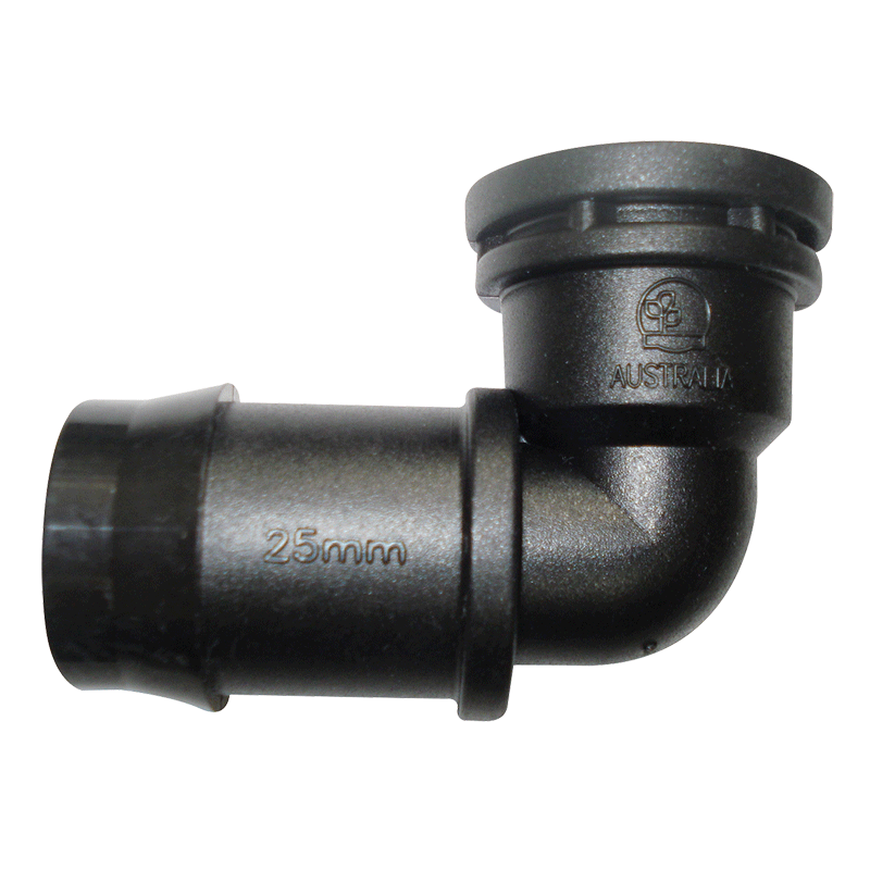 Black plastic pipe fitting with 'Australia' branding on a white background
