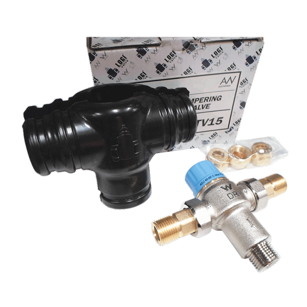Black plastic T-valve, silver and gold metal valve, and packaging on a green background