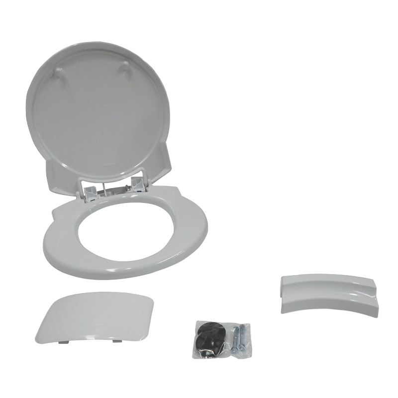 White toilet seat with cover and installation parts on a white background