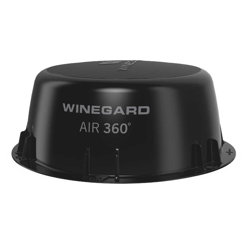 Black Winegard Air 360° antenna on a white background