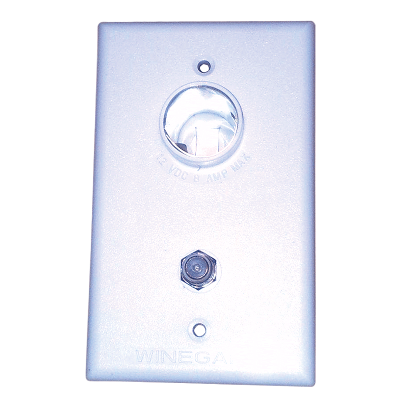 Wall plate with a single gang switch and coaxial socket on a white background