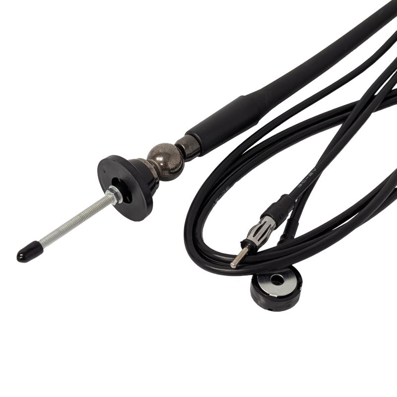 Mechanical steering cable with connectors on a white background