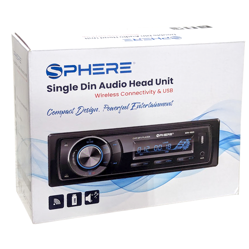 Sphere Single Din Audio Head Unit packaging with product image on a white background