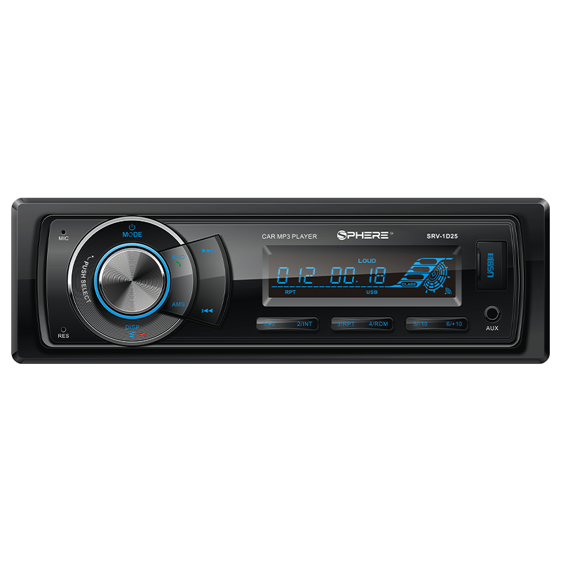 Car stereo system with digital display and control buttons on a white background