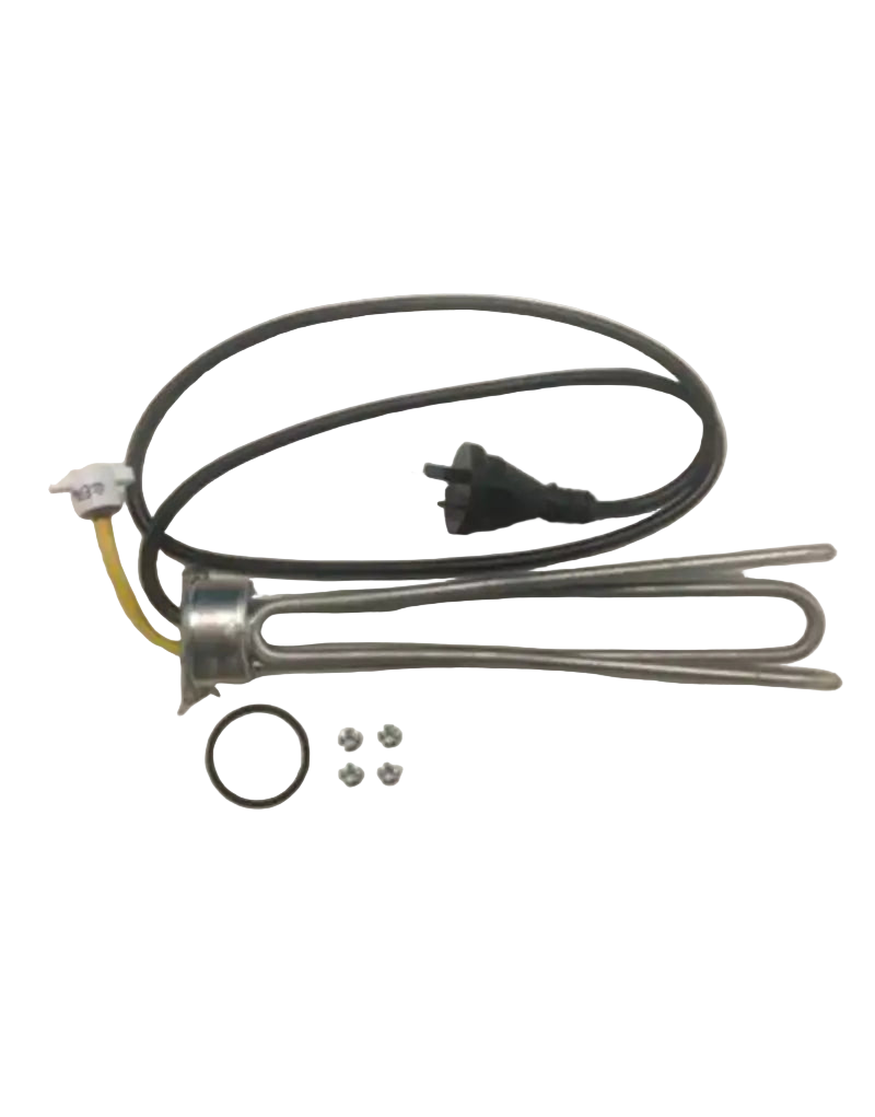 Electrical heating element with wiring and small components on a white background