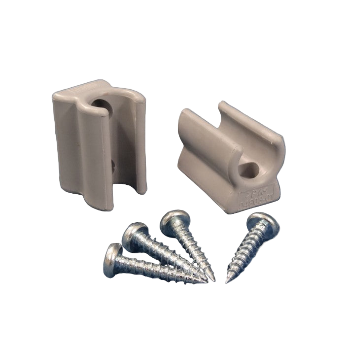 Two gray plastic clips with screws on a blue textured surface