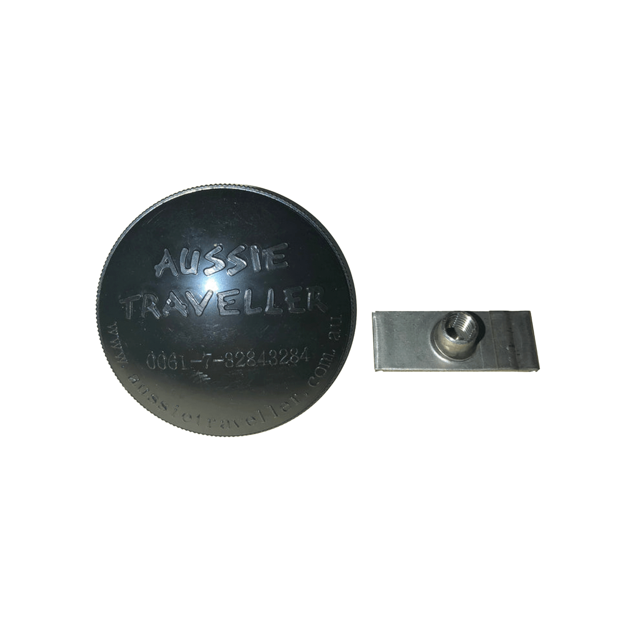 Black cap with 'Aussie Travelite' branding and a metal clip on a white background