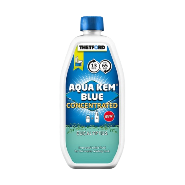 Aqua Kem Blue Concentrated toilet fluid bottle with blue cap on a white background
