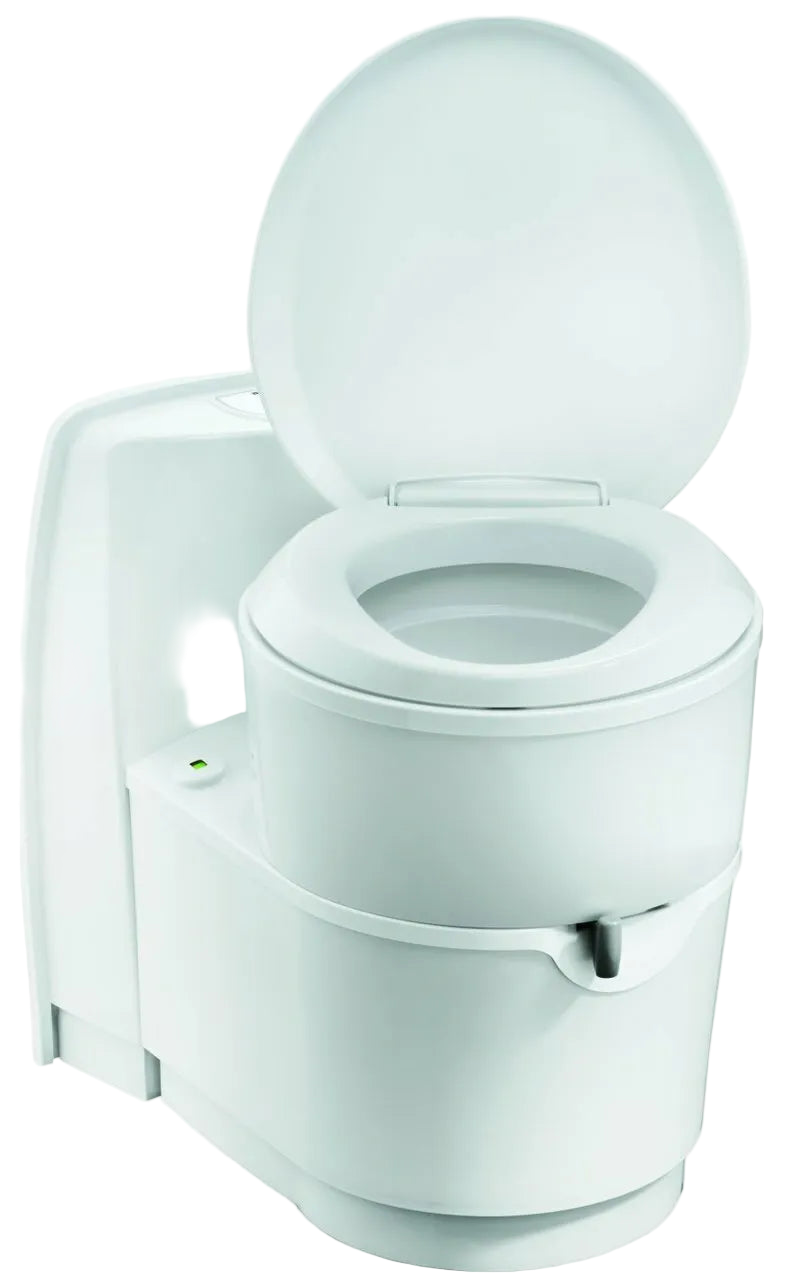White portable toilet with open lid on a white background