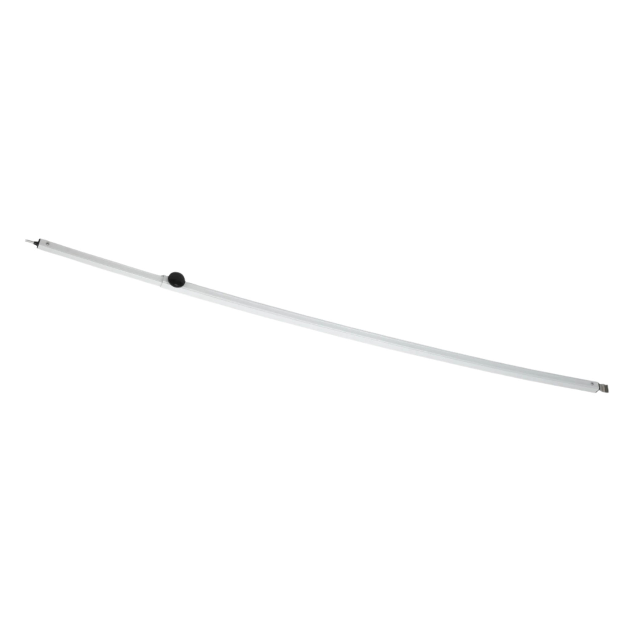 Long white cylindrical object with a black end on a white background