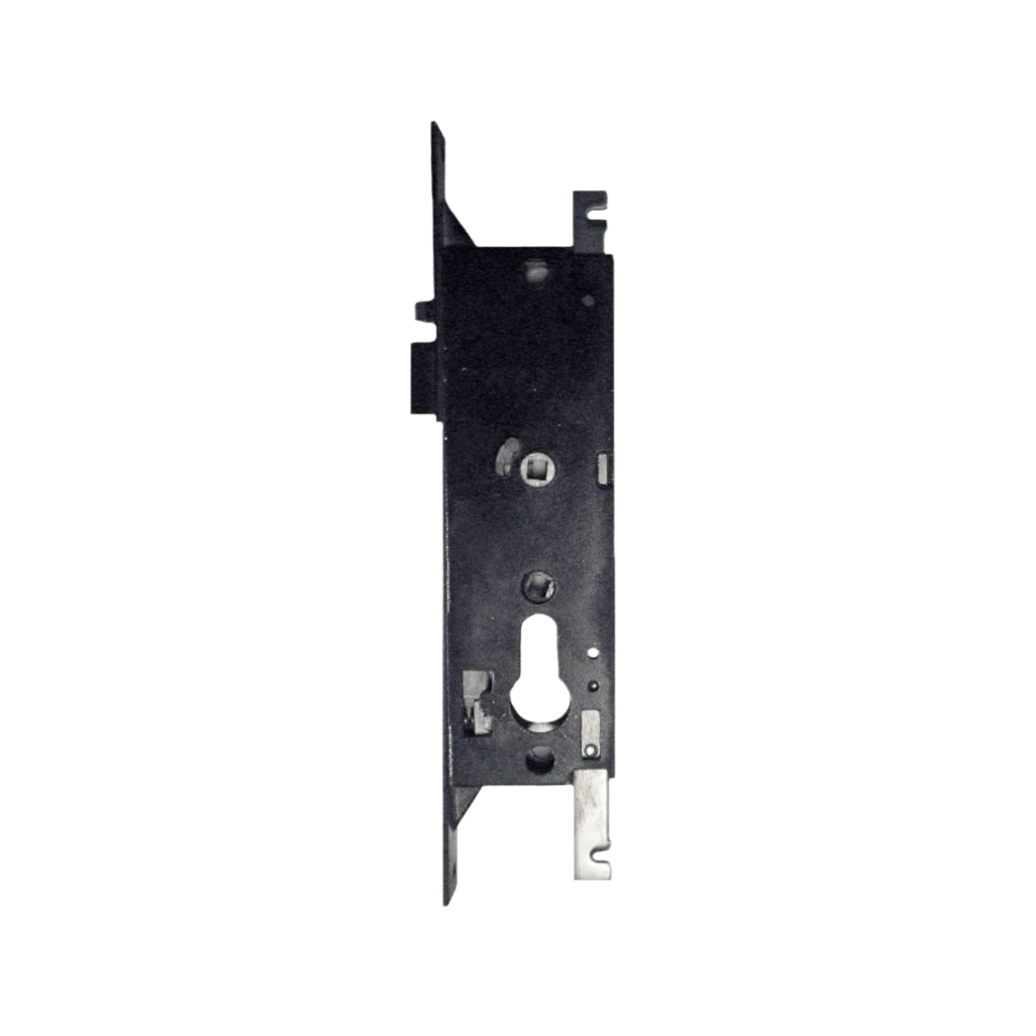 Metal door lock mechanism on a white background