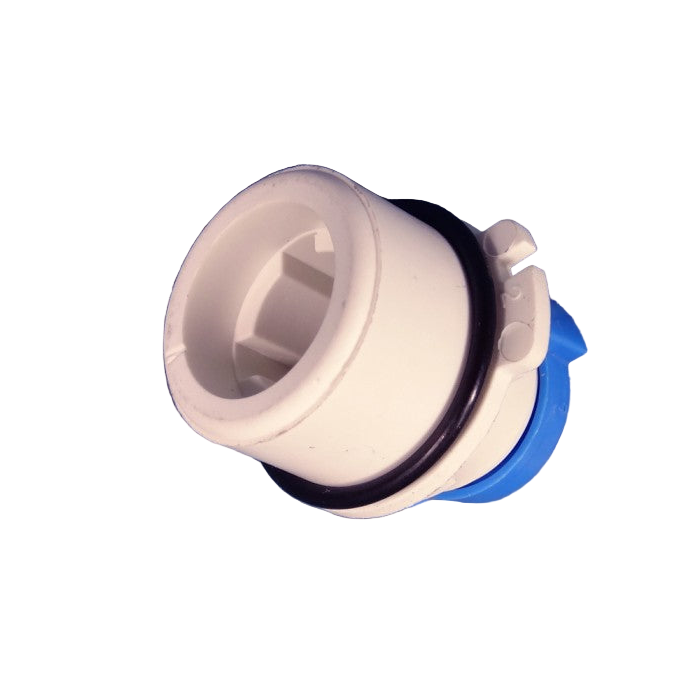 Plumbing fitting with white body and blue cap on a white background