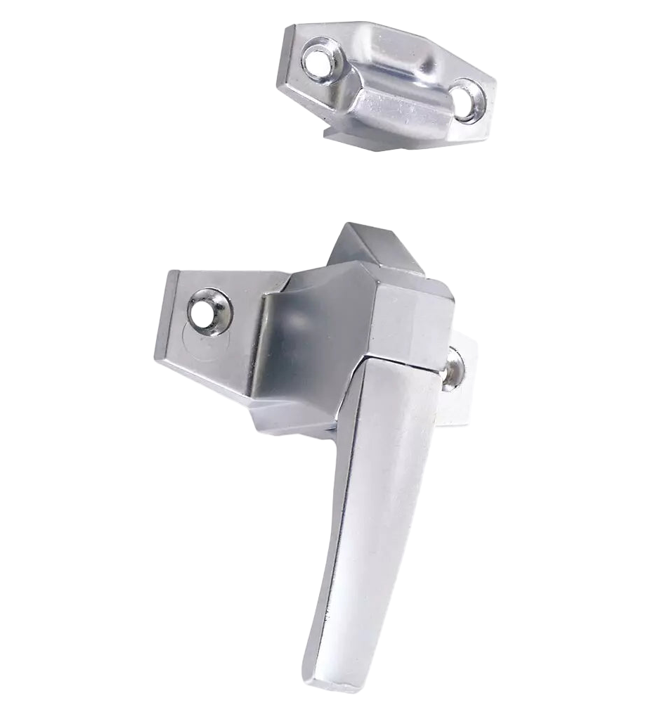 Metal window handle and lock mechanism on a white background