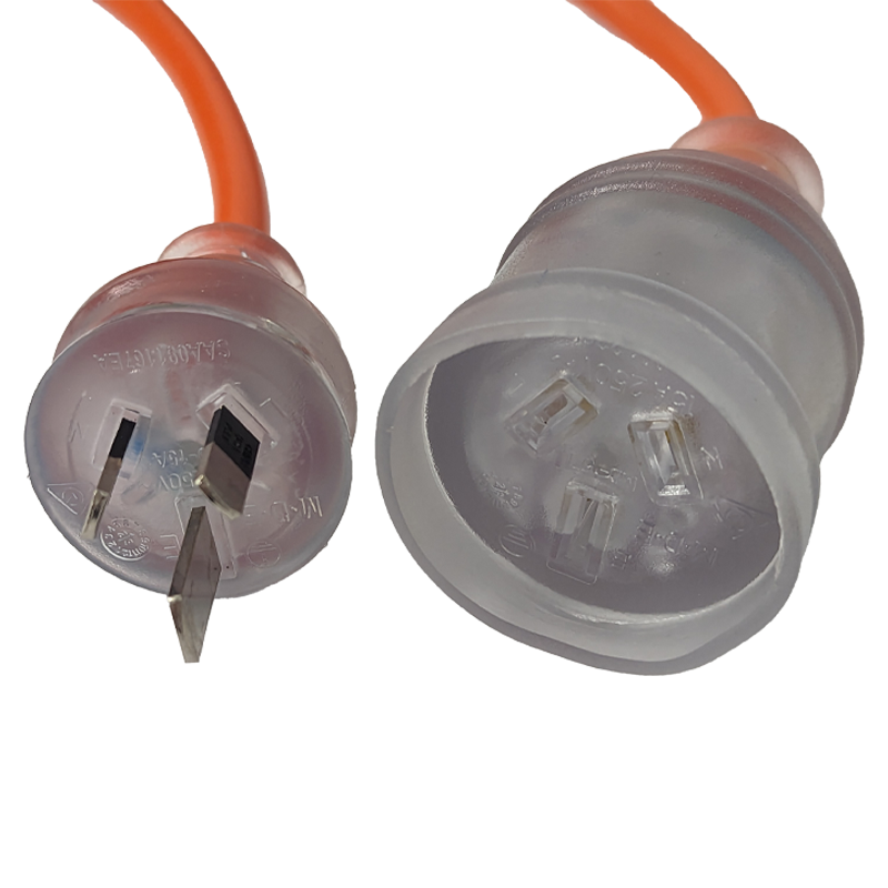 Two electrical plugs with orange cords on a white background