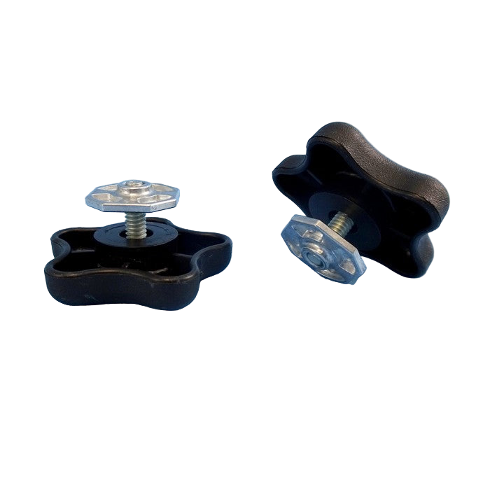 Two black star-shaped knobs with metal screws on a blue background